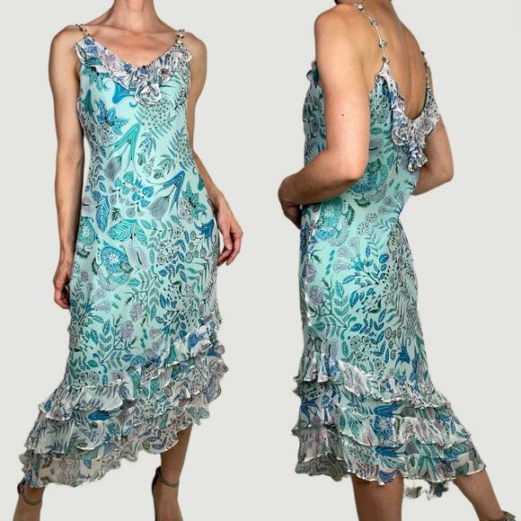 ICE silk floral fairy slip dress rosette straps ruffle asymmetrical vintage Y2K - Picture 3 of 16